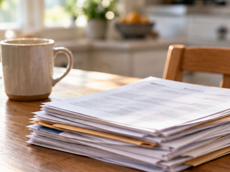 Household paperwork beside a mug